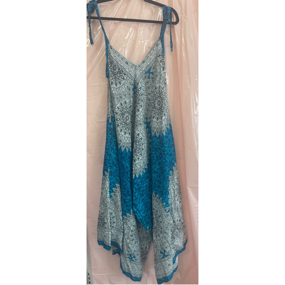 Women's Teal White Mandala Asymmetrical Jumpsuit - Picture 2 of 5